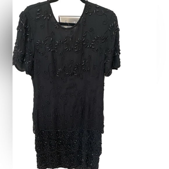 Vintage Beaded Stenay Silk Black formal tiered lined dress in size 10 - Picture 1 of 8